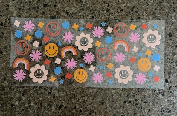 Retro Rainbow Smile Daisy UV/DTF 16oz wrap