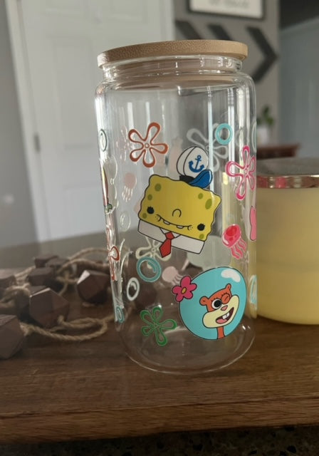 Silly Cartoon Sponge - UV DTF 16oz Black Beer Can Glass