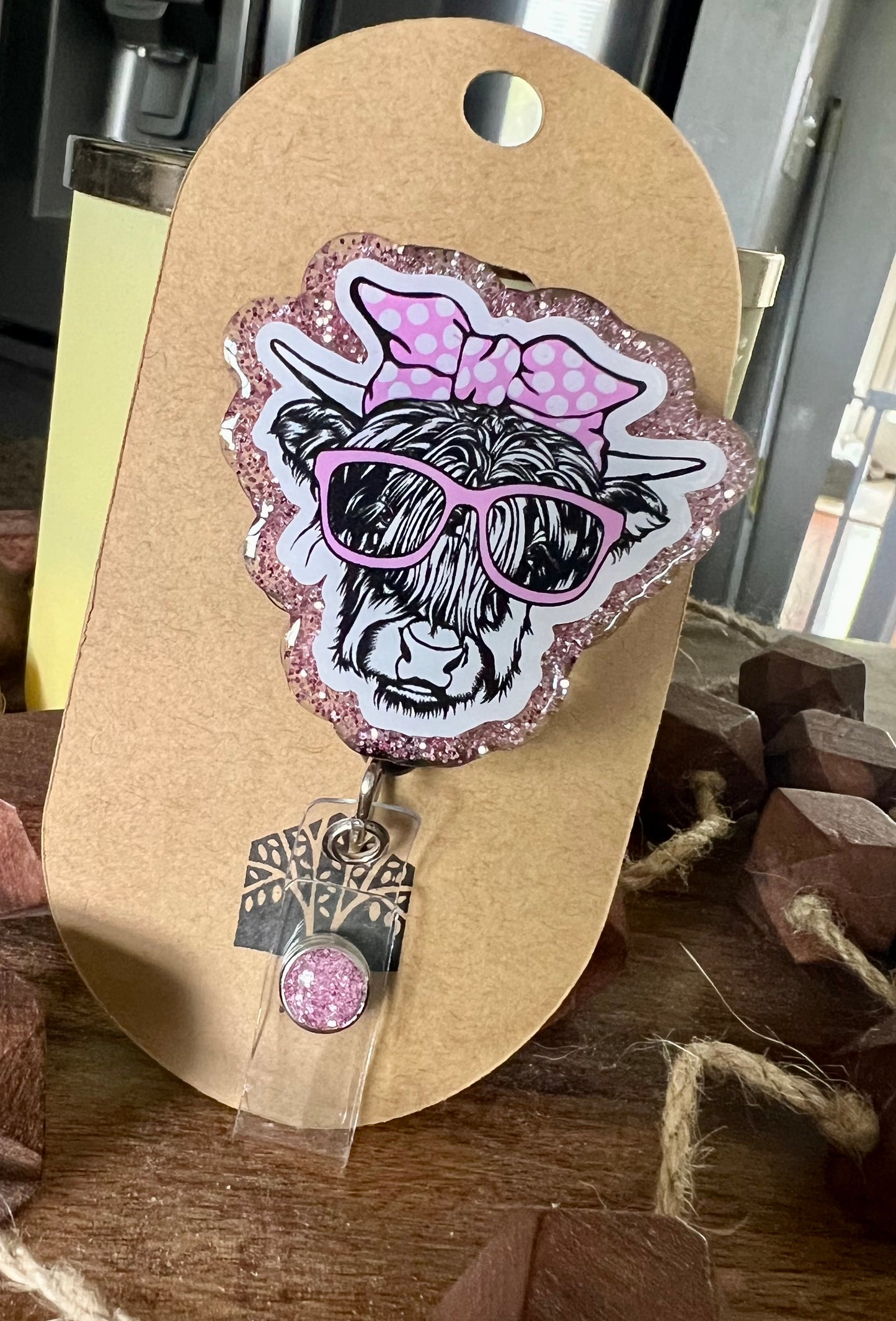 Cow with Pink Headband/Glasses - Retractable Badge Clip