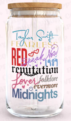 T Swift Album Titles- UV DTF 16oz Glass
