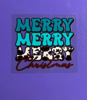 Merry Merry Merry Christmas Teal and Cow Print  -UV/DTF Decal