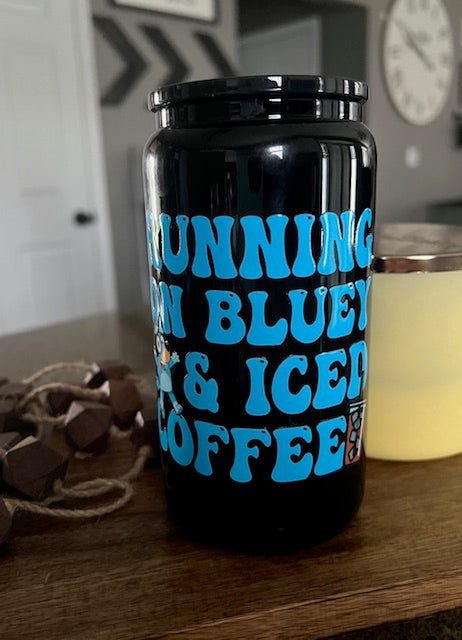 Running On Blue y & Iced Coffee -  UV DTF 16oz Black Beer Can Glass