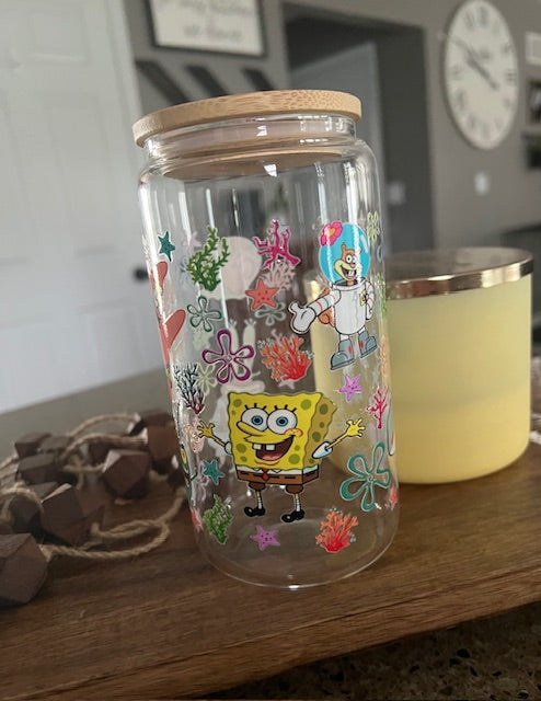 Cartoon Sponge -  UV DTF 16oz Black Beer Can Glass