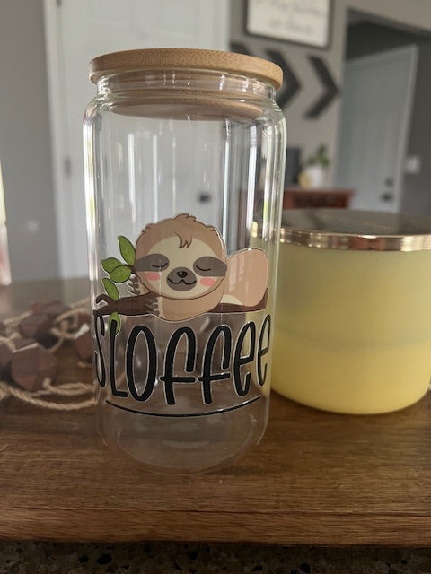 Sloffee Sloth  -  UV DTF 16oz Beer Can Glass