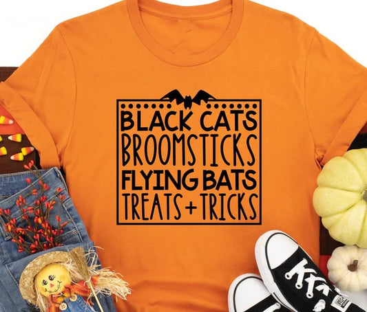 Black Cats Broomsticks Flying Bats Tricks & Treats  T-shirt