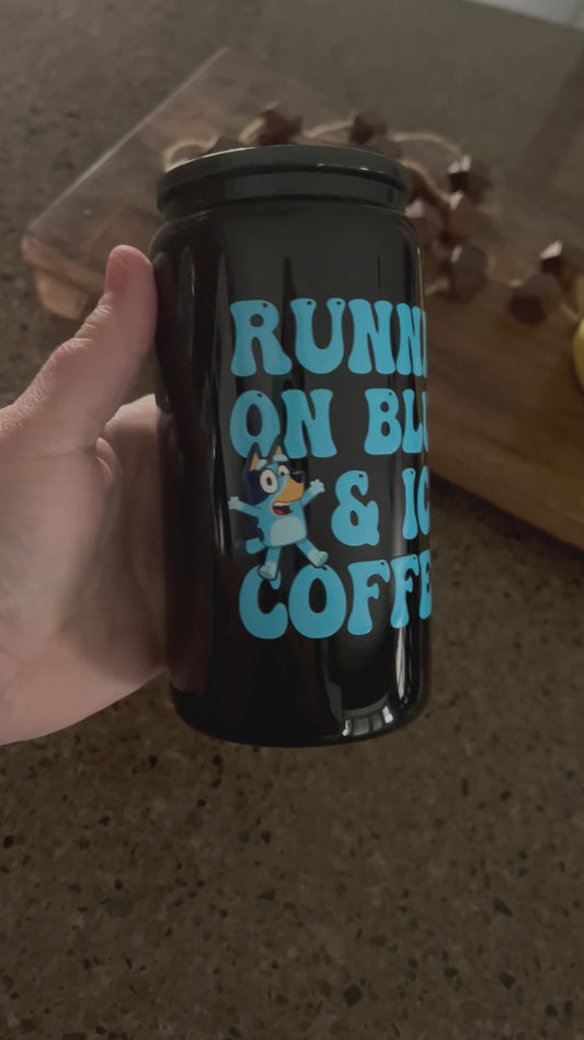 Running On Blue y & Iced Coffee -  UV DTF 16oz Black Beer Can Glass