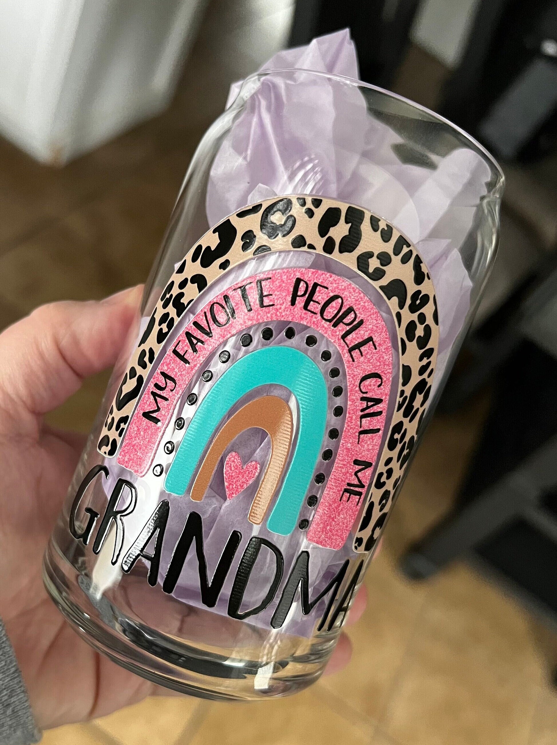 My Favorite People Call Me Grandma Rainbow 16oz Libbey Glass - Beer can style - Comes with straw!